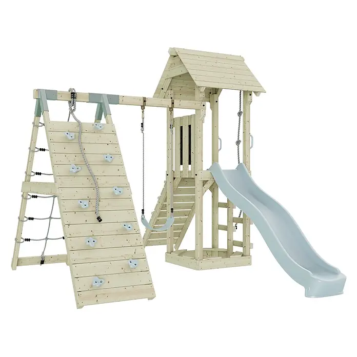 OutdoorToys Klettergerüst Trondheim - 293 x 357 x 273 cm, Holz, Blau - Hölzerner Spielplatz mit hellblauer Rutsche, Kletterwand mit Griffen und Schaukel, für den Außenbereich.