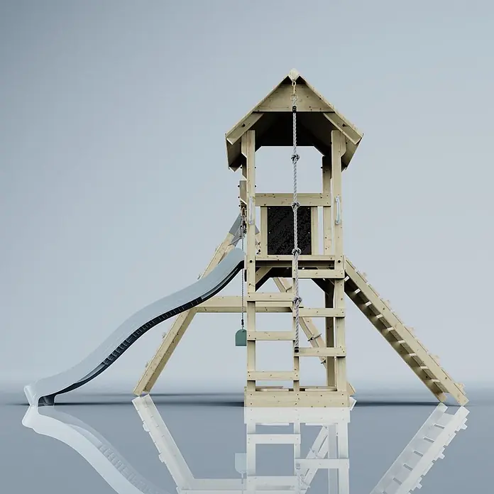 OutdoorToys Klettergerüst Trondheim - 293 x 357 x 273 cm, Holz, Blau - Hölzerner Spielturm mit grauer Wellenrutsche, Kletterseil und Leiter.