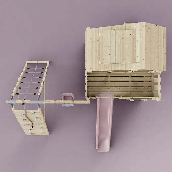 OutdoorToys Klettergerüst Anika - 399 x 414 x 291 cm, Holz, Rosa - Modulares Holzspielgerät mit Kletternetz, Kletterwand, rosa Rutsche und erhöhtem Spielhaus.