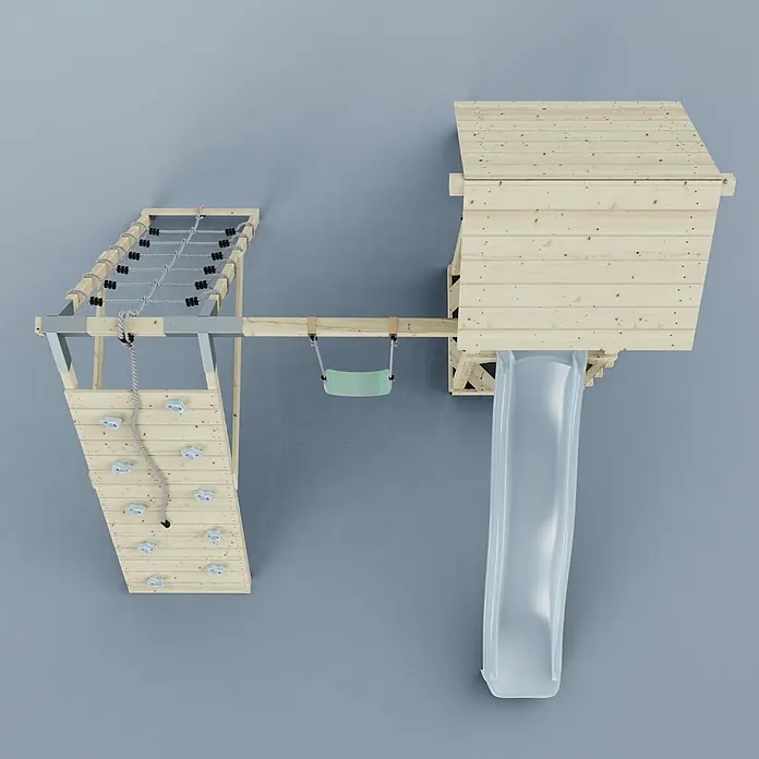 OutdoorToys Klettergerüst Trondheim - 293 x 357 x 273 cm, Holz, Blau - Hölzerner Spielturm mit Rutsche, hellgrüner Schaukel, Kletterwand mit weißen Griffen und Seilleiter.