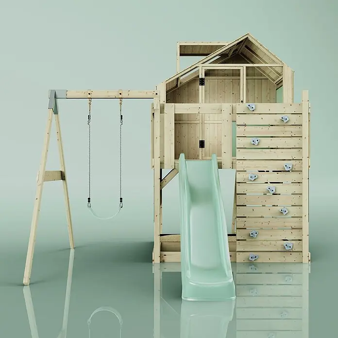 OutdoorToys Klettergerüst Madita - 308 x 414 x 291 cm, Holz, Grün - Hölzernes Spielset mit grüner Rutsche, Schaukel und Kletterwand, geeignet für den Außenbereich.
