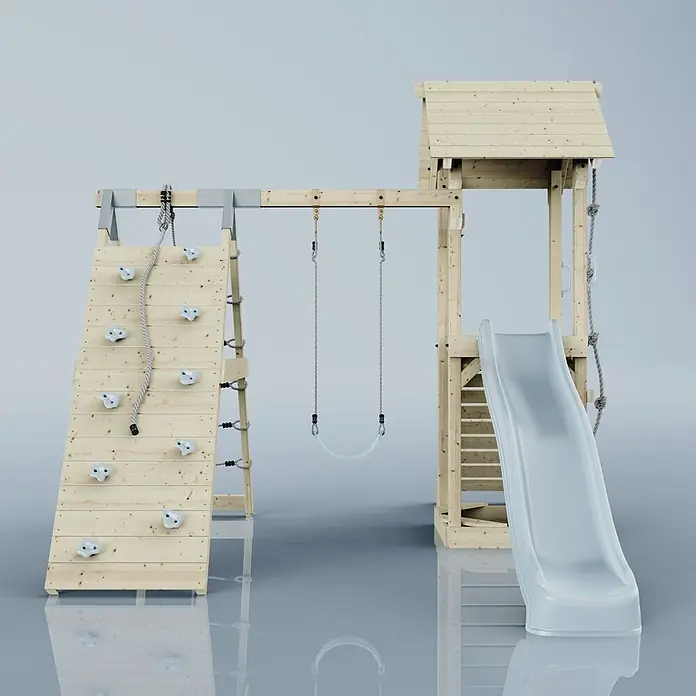 OutdoorToys Klettergerüst Trondheim - 293 x 357 x 273 cm, Holz, Blau - Hölzernes Kinderspielgerät mit Kletterwand, Schaukel, Rutsche und Turm. Verfügt über hellgraue Rutsche und weiße Klettergriffe.