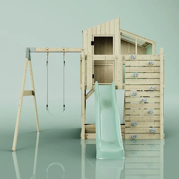 OutdoorToys Klettergerüst Lotta - 308 x 414 x 291 cm, Holz, Grün - Holzspielplatz mit hellgrüner Rutsche, Schaukel und Kletterwand.