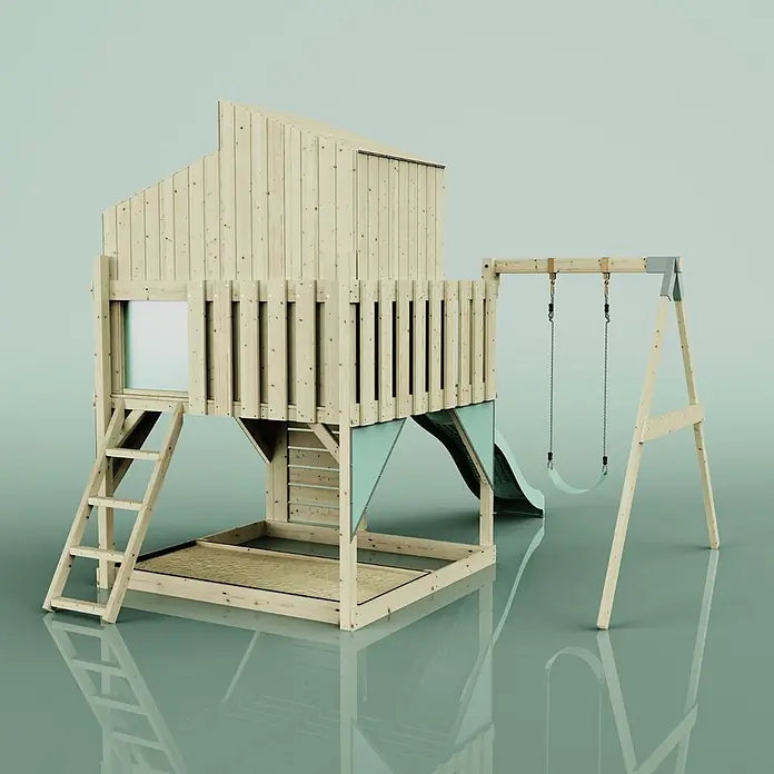 OutdoorToys Klettergerüst Lotta - 308 x 414 x 291 cm, Holz, Grün - Hölzernes Kinderspielgerät mit Spielhaus, Rutsche, Sandkasten und Schaukelset, mit hellblauer Rutsche und Schaukelsitz.