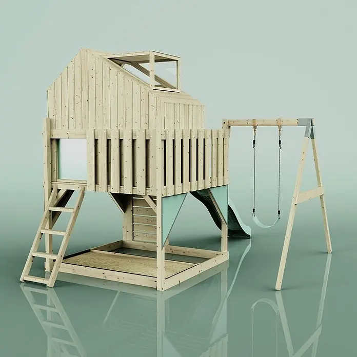 OutdoorToys Klettergerüst Madita - 308 x 414 x 291 cm, Holz, Grün - Spielhaus aus Holz mit hellgrüner Rutsche, Schaukeln und Sandkasten für Kinder.