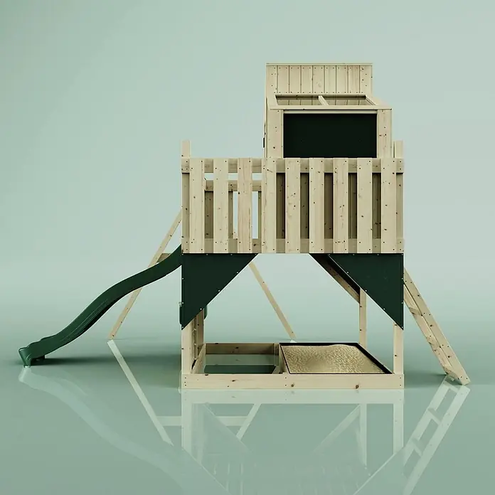 OutdoorToys Klettergerüst Lotta - 308 x 414 x 291 cm, Holz, Grün - Hölzerner Spielturm mit dunkelgrüner Rutsche und integriertem Sandkasten aus hellem Naturholz.