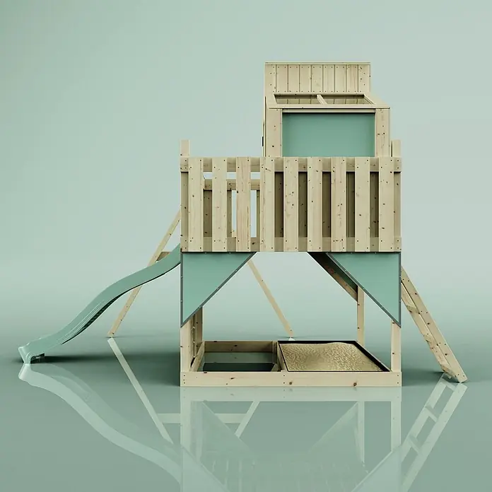 OutdoorToys Klettergerüst Lotta - 308 x 414 x 291 cm, Holz, Grün - Hölzerner Kinderspielturm mit hellgrüner Rutsche und Sandkasten, mit erhöhter Plattform und Spielhaus.