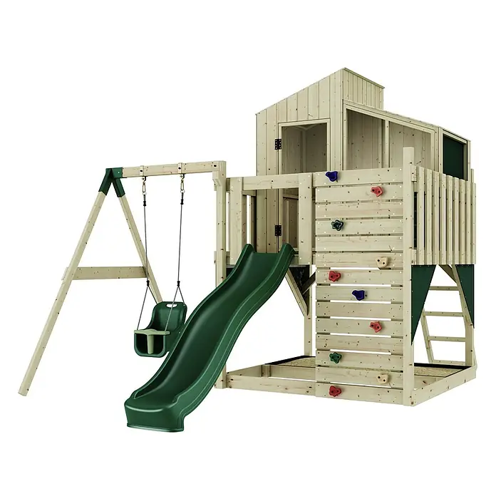 OutdoorToys Klettergerüst Lotta - 308 x 414 x 291 cm, Holz, Grün - Hölzernes Spielset mit grüner Rutsche, Schaukel, Kletterwand mit bunten Griffen und mehrstöckigem Spielhaus.