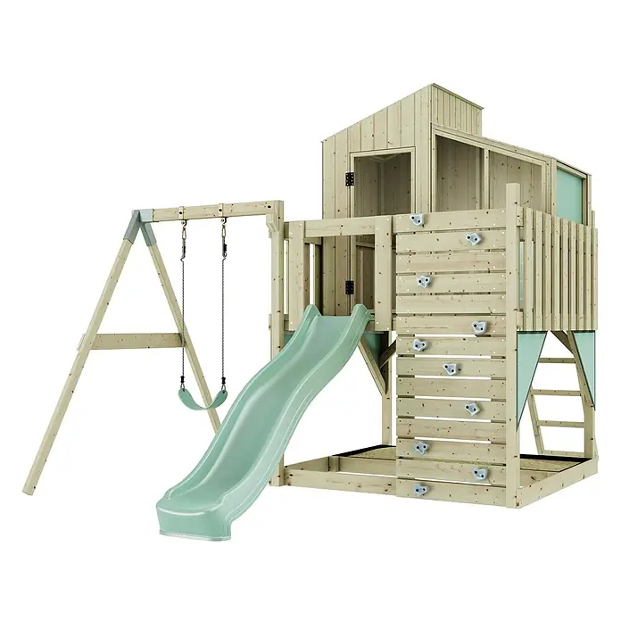 OutdoorToys Klettergerüst Lotta - 308 x 414 x 291 cm, Holz, Grün - Spielturm aus hellem Holz mit Spielhaus, grüner Rutsche, zwei grünen Schaukeln und Kletterwand.