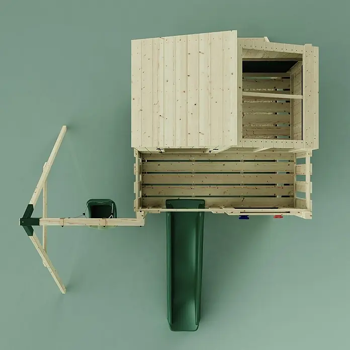 OutdoorToys Klettergerüst Lotta - 308 x 414 x 291 cm, Holz, Grün - Hölzernes Outdoor-Spielhaus mit dunkelgrüner Rutsche und kleinem grünem Eimersitz.