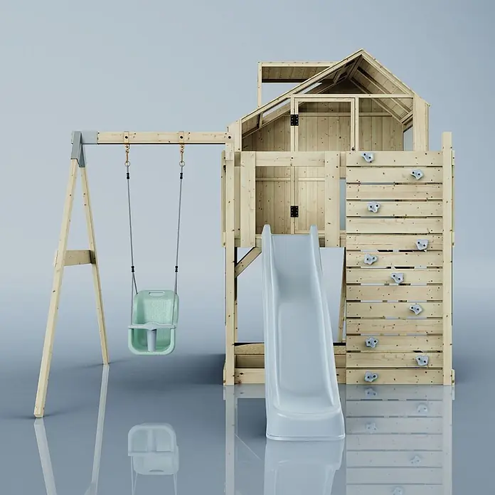 OutdoorToys Klettergerüst Madita Blau - Holz, Blau - Holzspielplatz mit Haus, hellgrüner Babyschaukel, hellgrauer Rutsche und Kletterwand mit weißen Griffen.