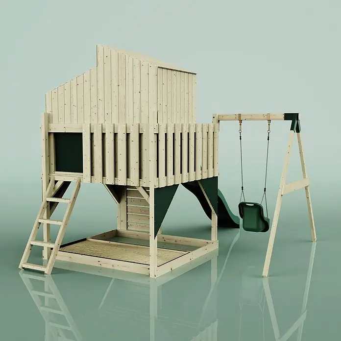 OutdoorToys Klettergerüst Lotta - 308 x 414 x 291 cm, Holz, Grün - Hölzerner Spielturm mit grüner Rutsche, Schaukel und integriertem Sandkasten.
