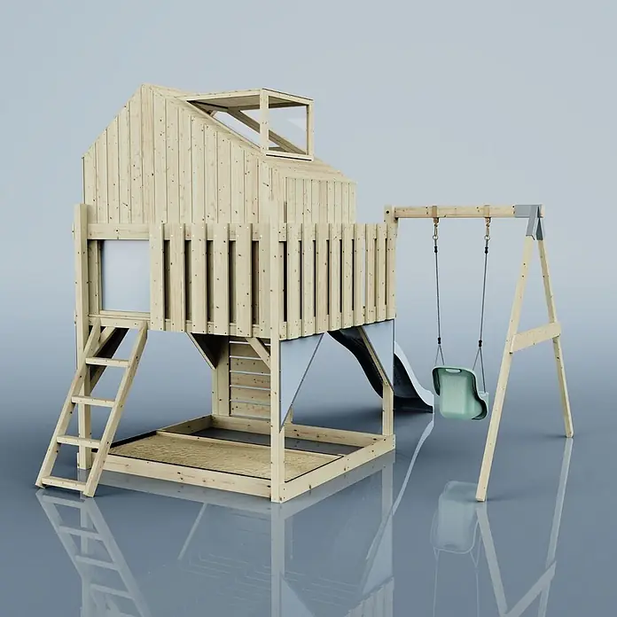 OutdoorToys Klettergerüst Madita Blau - Holz, Blau - Spielhaus aus Naturholz mit Rutsche, Leiter, Sandkastenbereich und angeschlossenem Schaukelset mit grünem Sitz.