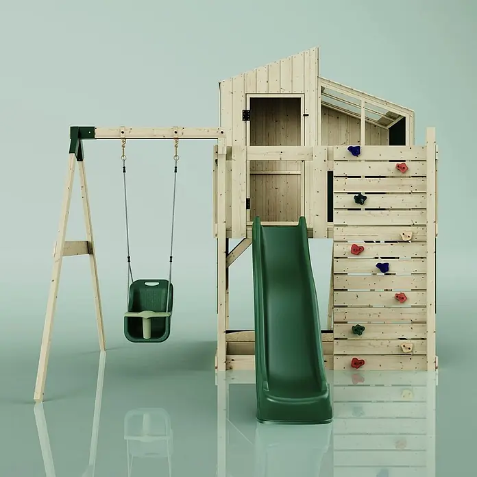 OutdoorToys Klettergerüst Lotta - 308 x 414 x 291 cm, Holz, Grün - Spielturm aus Holz mit grüner Rutsche, Kletterwand mit farbigen Griffen und grüner Babyschaukel.