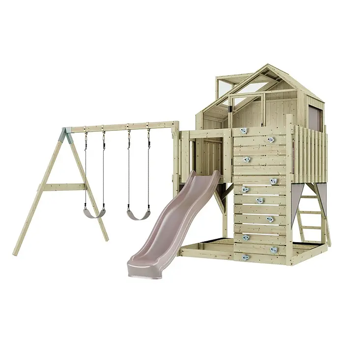 OutdoorToys Klettergerüst Lasse - 399 x 414 x 291 cm, Holz, Rosa - Hölzernes Spielset mit Schaukel, Rutsche, Kletterwand und Spielhaus, aus hellem Holz und mit einer hellrosa Rutsche.