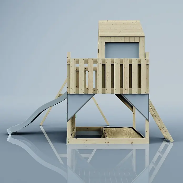 OutdoorToys Klettergerüst Madita Blau - Holz, Blau - Hölzernes Kinderspielhaus mit erhöhtem Turm, grauer Rutsche und integriertem Sandkasten darunter. Ideal für draußen.