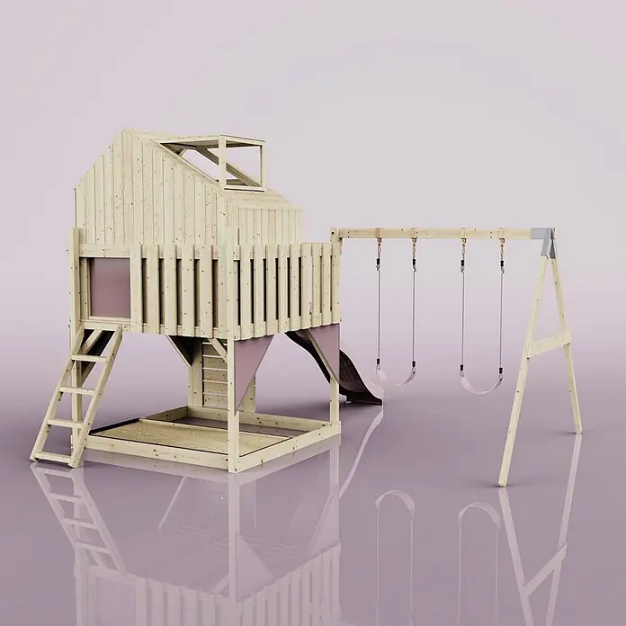 OutdoorToys Klettergerüst Lasse - 399 x 414 x 291 cm, Holz, Rosa - Holzspielplatz mit Spielhaus, Rutsche, integriertem Sandkasten und zwei rosa Schaukeln.