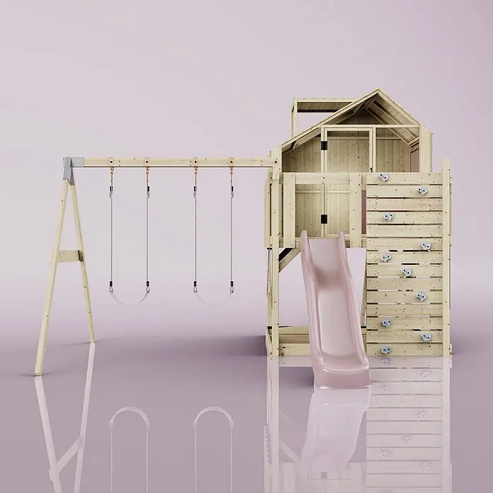 OutdoorToys Klettergerüst Lasse - 399 x 414 x 291 cm, Holz, Rosa - Hölzernes Spielplatzset mit Spielhaus, rosa Rutsche, Kletterwand und Schaukelgestell mit zwei Schaukeln.
