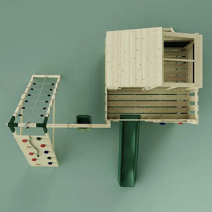 OutdoorToys Klettergerüst Julie - 399 x 414 x 291 cm, Holz, Grün - Modulare Holz-Spielstruktur mit grüner Rutsche, Kletternetz und Kletterwand für Kinder.