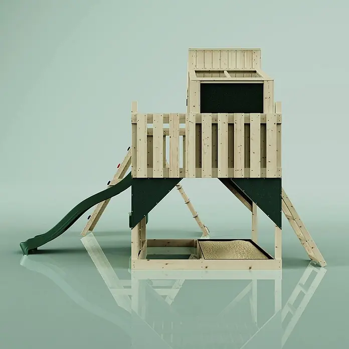 OutdoorToys Klettergerüst Julie - 399 x 414 x 291 cm, Holz, Grün - Spielturm aus Holz mit grüner Rutsche, Kletterwand und integriertem Sandkasten.