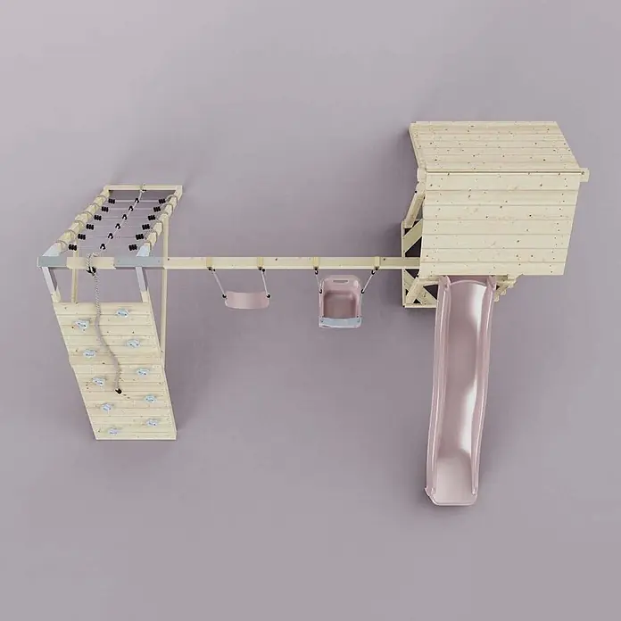 OutdoorToys Klettergerüst Kiruna - Holz, Rosa - Holzspielplatz mit Kletterwand, Seilnetz, zwei rosa Schaukeln, Spielhaus und rosa Rutsche.