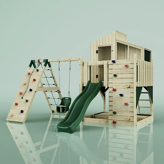 OutdoorToys Klettergerüst Julie - 399 x 414 x 291 cm, Holz, Grün - Hölzernes Outdoor-Spielset mit grüner Rutsche, Schaukel, Kletterwand, Strickleiter und Spielhaus mit Sandkasten.