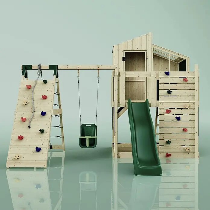 OutdoorToys Klettergerüst Julie - 399 x 414 x 291 cm, Holz, Grün - Hölzerner Kinderspielplatz mit dunkelgrüner Rutsche, Schaukel, Kletterwand mit bunten Griffen und Spielhaus.