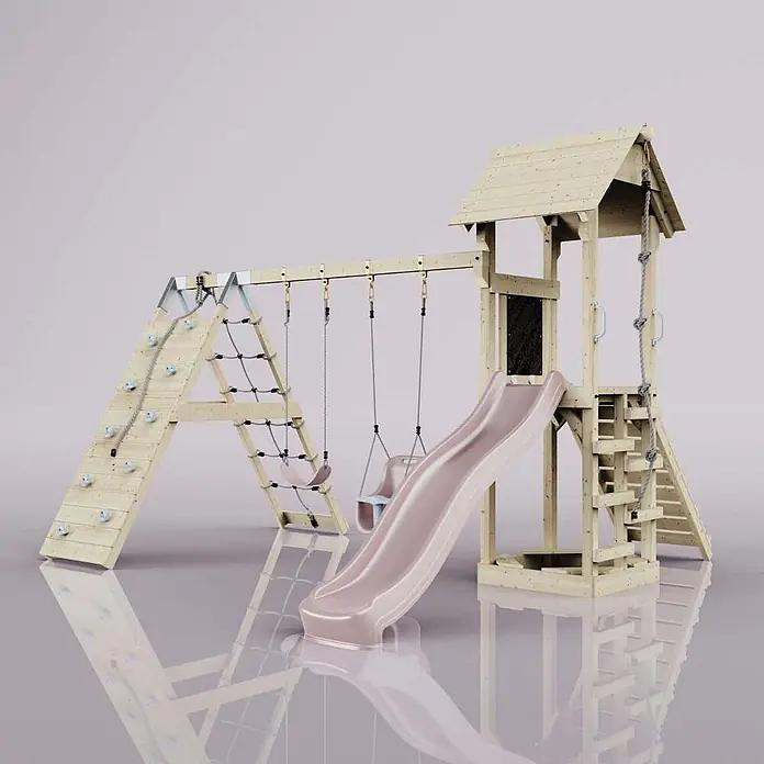 OutdoorToys Klettergerüst Kiruna - Holz, Rosa - Hölzerner Spielplatz mit rosa Rutsche, Schaukeln, Kletterwand und Netz.