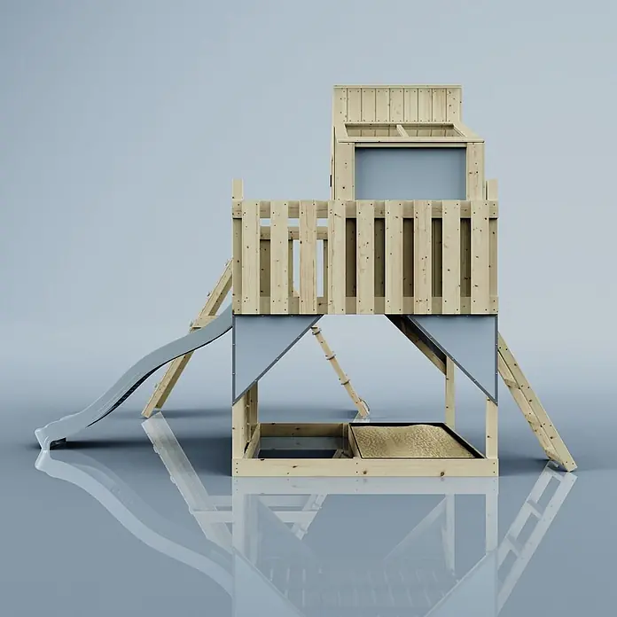 OutdoorToys Klettergerüst Julie - 399 x 414 x 291 cm, Holz, Blau - Holzspielturm mit Rutsche und Sandkasten. Naturholzkonstruktion mit grauer Rutsche und integriertem Sandkasten.