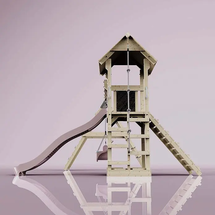 OutdoorToys Klettergerüst Kiruna - Holz, Rosa - Hölzerner Kinderspielturm mit brauner Rutsche, Leiter, Kletterseil und Schaukel.