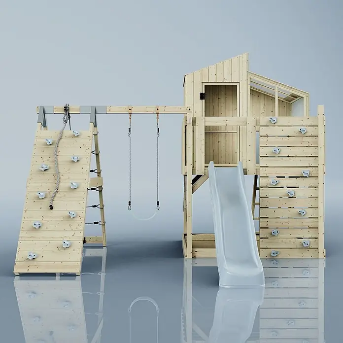 OutdoorToys Klettergerüst Julie - 399 x 414 x 291 cm, Holz, Blau - Hölzernes Kinderspielgerät mit Kletterwand, zwei Schaukeln, Spielhaus und grauer Rutsche.