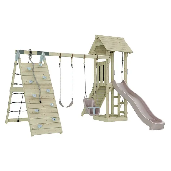 OutdoorToys Klettergerüst Kiruna - Holz, Rosa - Hölzernes Kinderspielgerät mit Kletterwand, Strickleiter, zwei Schaukeln, Rutsche und Spielturm. Naturholz mit hellrosa/grauen Akzenten.