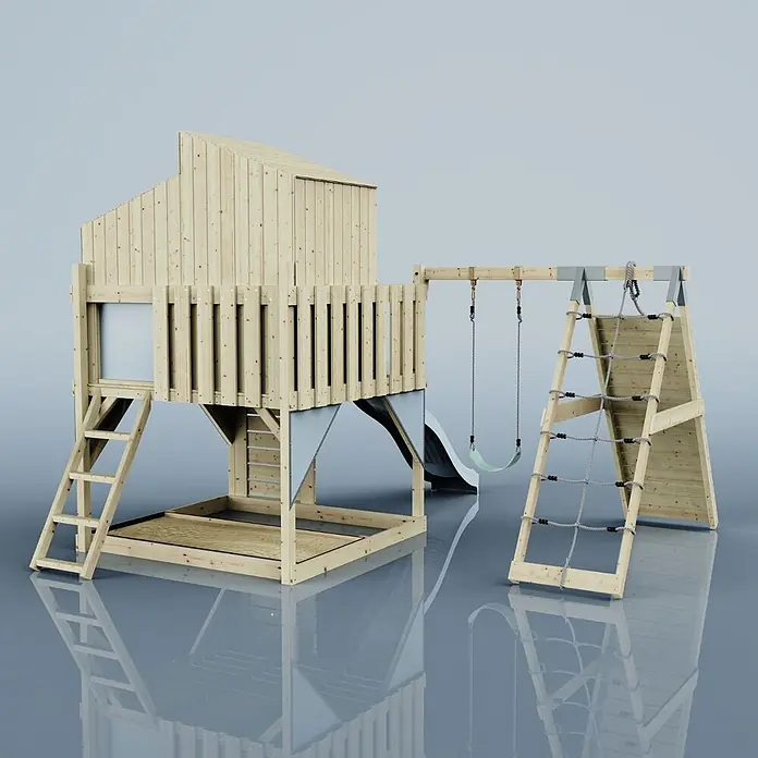 OutdoorToys Klettergerüst Julie - 399 x 414 x 291 cm, Holz, Blau - Spielturm aus hellem Holz mit Spielhaus, Rutsche, Schaukeln und Kletternetz für draußen.