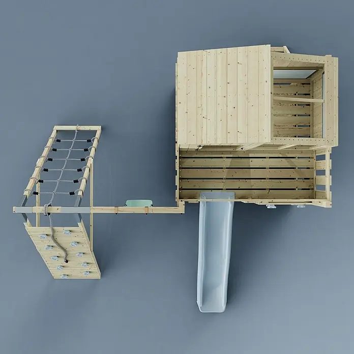 OutdoorToys Klettergerüst Julie - 399 x 414 x 291 cm, Holz, Blau - Hölzerne Spielstruktur für Kinder mit Kletternetz, Kletterwand, Rutsche und erhöhtem Spielhaus, in Naturholztönen.