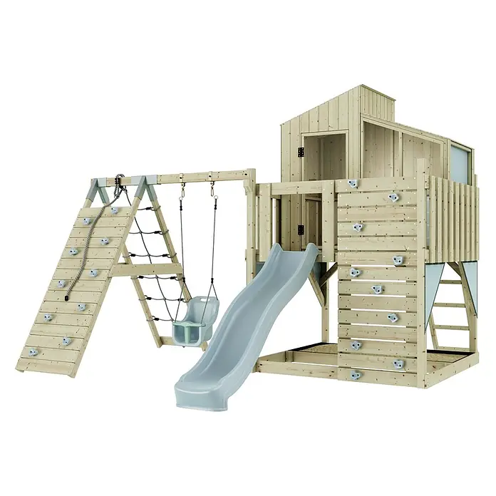 OutdoorToys Klettergerüst Julie - 399 x 414 x 291 cm, Holz, Blau - Hölzernes Spielgerät mit Kletterwand, Seilleiter, Netz, Rutsche und Schaukel.