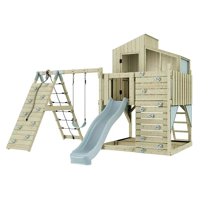 OutdoorToys Klettergerüst Julie - 399 x 414 x 291 cm, Holz, Blau - Holzspielplatz mit Spielhaus, Rutsche, Kletterwand mit Griffen und Seil, und Schaukel mit Kletternetz.