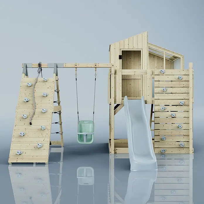 OutdoorToys Klettergerüst Julie - 399 x 414 x 291 cm, Holz, Blau - Hölzerner Outdoor-Spielplatz mit Kletterwänden, Seilklettern, hellgrüner Schaukel und hellgrauer Rutsche, inklusive Spielhaus.