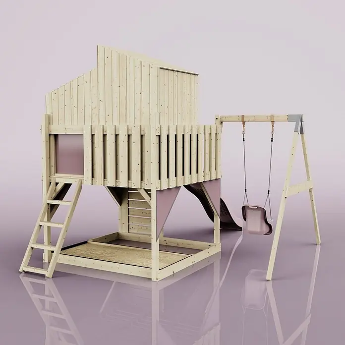 OutdoorToys Klettergerüst Lotta - 308 x 414 x 291 cm, Holz, Rosa - Helles Holzspielhaus mit Sandkasten, Rutsche und rosa Schaukel.