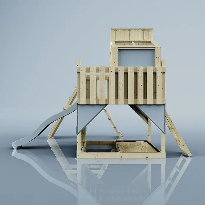 OutdoorToys Klettergerüst Julie - 399 x 414 x 291 cm, Holz, Blau - Hölzernes Kinderspielhaus mit Rutsche, erhöhtem Fort und Sandkastenbereich. Helles Holz mit grauen Akzenten.