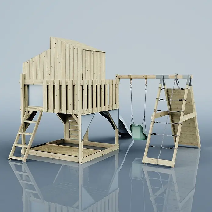 OutdoorToys Klettergerüst Julie - 399 x 414 x 291 cm, Holz, Blau - Hölzernes Spielset mit Spielhaus, Leiter, Rutsche, grüner Schaukel und Kletternetz. Mit Sandkastenbasis für Spielspaß im Freien.