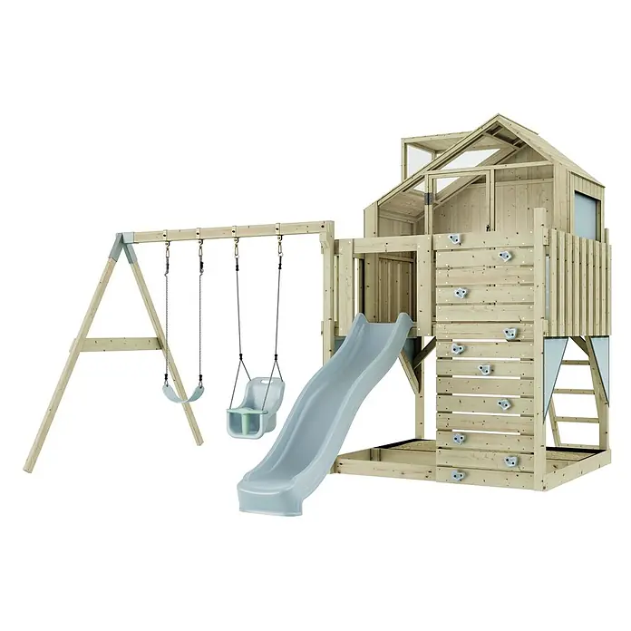 OutdoorToys Klettergerüst Lasse - 399 x 414 x 291 cm, Holz, Blau - Hölzernes Spielplatz-Set mit hellgrauen Schaukeln, Rutsche, Klettergriffen und einem Spielhaus.