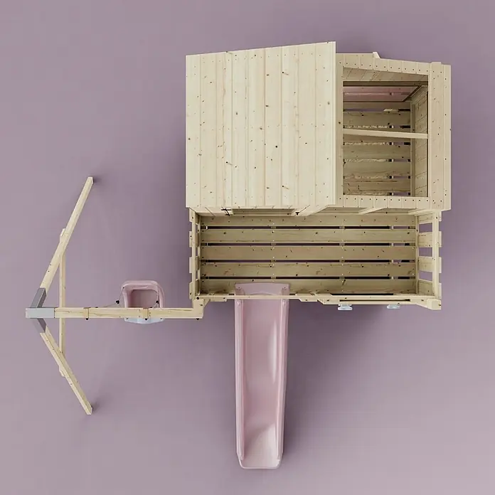 OutdoorToys Klettergerüst Lotta - 308 x 414 x 291 cm, Holz, Rosa - Spielbereich für Kinder aus hellem Holz mit rosa Rutsche und integriertem rosa Sitz.