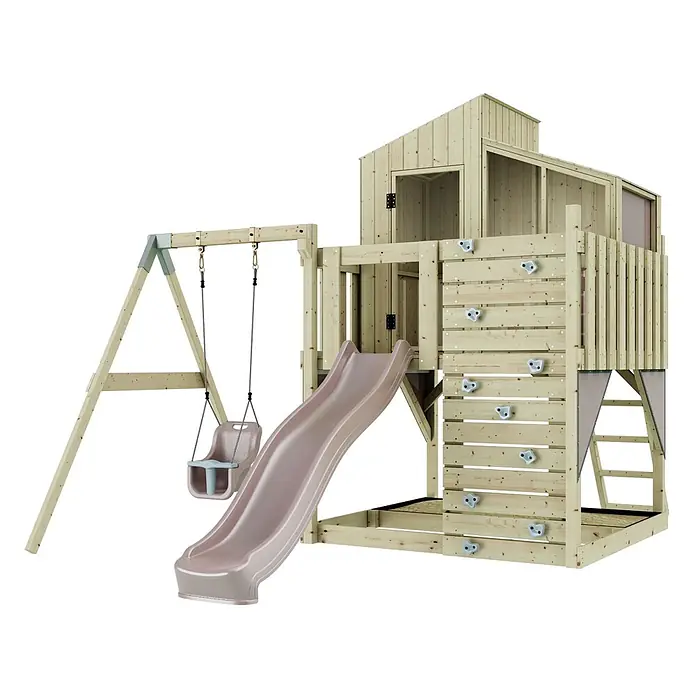 OutdoorToys Klettergerüst Lotta - 308 x 414 x 291 cm, Holz, Rosa - Hölzernes Spielset mit heller Holzstruktur, rosafarbener Rutsche, Babyschaukel und Kletterwand mit grauen Griffen.
