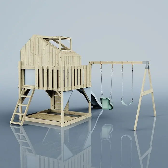 OutdoorToys Klettergerüst Lasse - 399 x 414 x 291 cm, Holz, Blau - Ein Spielturm aus hellem Holz mit Rutsche, einer Spielhütte und einer Schaukelanlage mit zwei grünen Schaukeln.