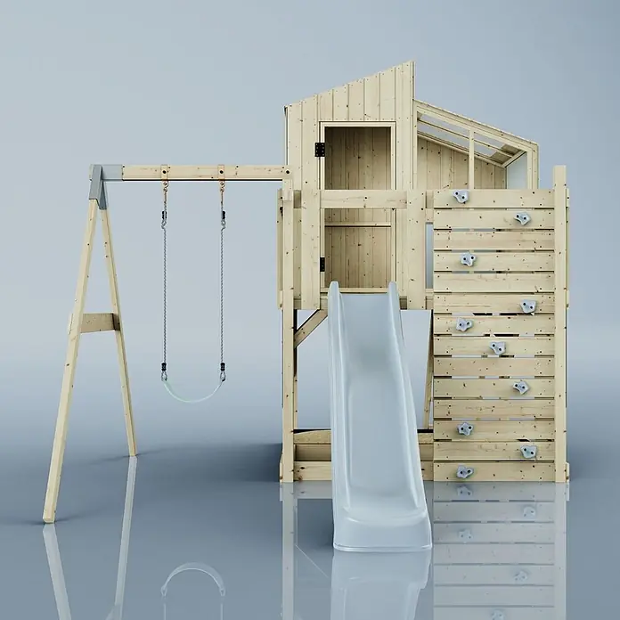 OutdoorToys Klettergerüst Lotta - 308 x 414 x 291 cm, Holz, Blau - Hölzerner Spielplatz mit Spielhaus, Rutsche, Schaukel und Kletterwand mit grauen Griffen. Naturholzoptik.