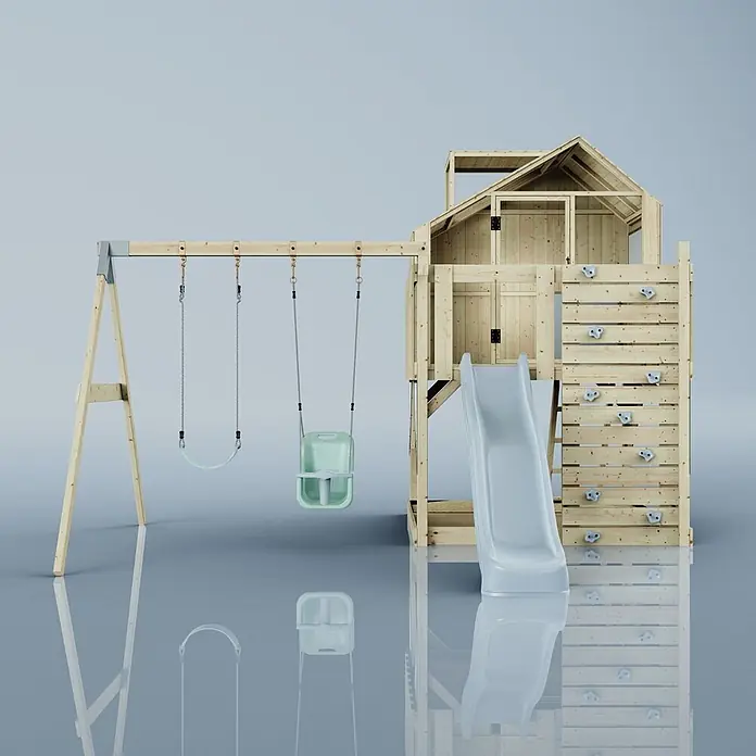 OutdoorToys Klettergerüst Lasse - 399 x 414 x 291 cm, Holz, Blau - Hölzerner Spielplatz mit zwei Schaukeln, Rutsche, Spielhaus und Kletterwand. Naturholz mit hellgrünen Schaukeln.