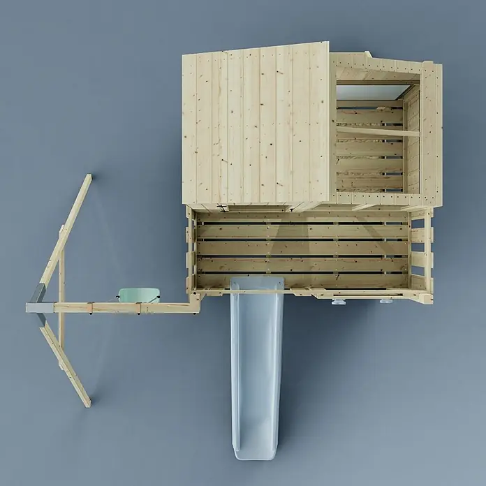 OutdoorToys Klettergerüst Lotta - 308 x 414 x 291 cm, Holz, Blau - Hölzerne Spielstruktur mit klarer Rutsche und Seitenplattform, von oben gesehen.