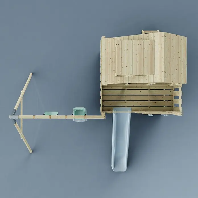 OutdoorToys Klettergerüst Lasse - 399 x 414 x 291 cm, Holz, Blau - Hölzernes Spielhaus mit Rutsche und Wasser-Spielerweiterung: helle Holzstruktur, hellblaue Rutsche, zwei hellgrüne Becken.