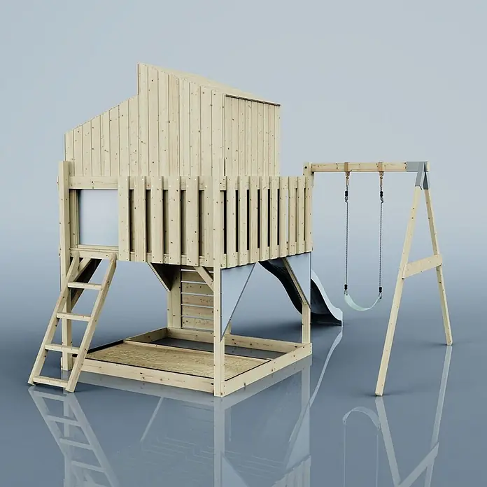 OutdoorToys Klettergerüst Lotta - 308 x 414 x 291 cm, Holz, Blau - Spielturm aus Holz mit Spielhaus, Rutsche und Einzelschaukel in Naturholzoptik.