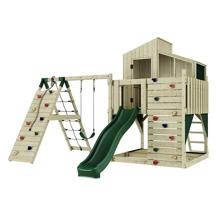 OutdoorToys Klettergerüst Julie - 399 x 414 x 291 cm, Holz, Grün - Outdoor-Holzspielplatz mit grüner Rutsche, Kletterwand, Strickleiter, Schaukeln und Spielhaus.